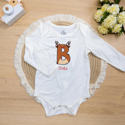 Personalized Initials Name Reindeer Xmas Baby Onesie Bodysuit