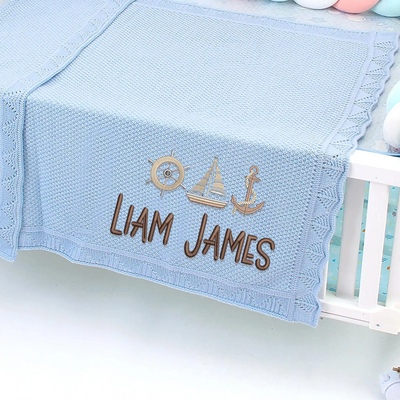 Personalized Anchor & Sailboat Embroidery Baby Blanket With Name SwaddleAn