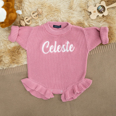 Personalized Pink Ruffle Baby Knit Romper