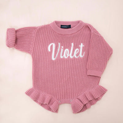 Personalized Pink Ruffle Baby Knit Romper 2