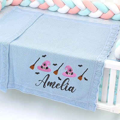 Personalized Halloween Baby Blanket | Pink Witch Hat & Broom Design SwaddleAn