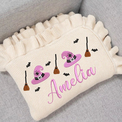 Personalized Halloween Baby Blanket | Pink Witch Hat & Broom Design SwaddleAn