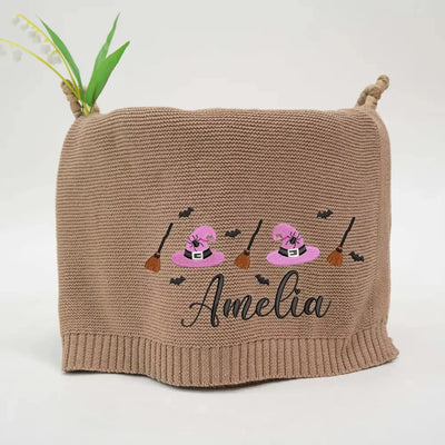 Personalized Halloween Baby Blanket | Pink Witch Hat & Broom Design SwaddleAn