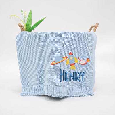 Personalized Rocket and Planet Knit Baby Blanket in Baby Blue