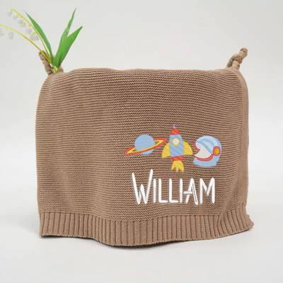 Personalized Rocket and Planet Knit Baby Blanket in Mocha