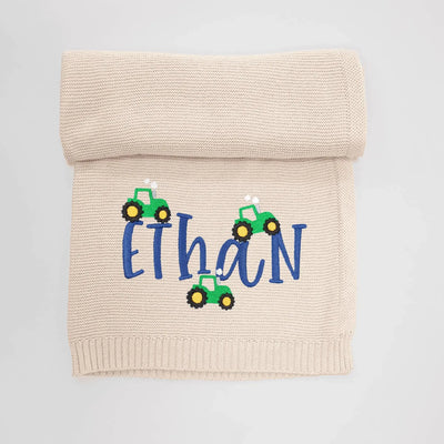Personalized Tractor Embroidery Baby Boy Name Blanket