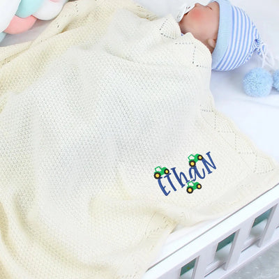 Personalized Tractor Embroidery Baby Boy Name Blanket