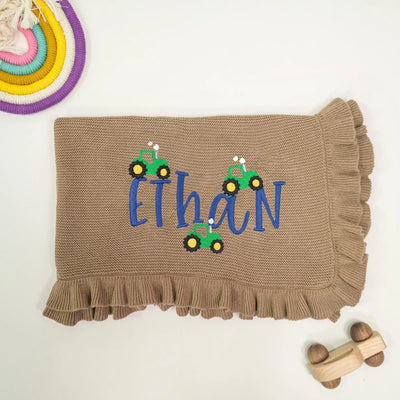 Personalized Tractor Embroidery Baby Boy Name Blanket