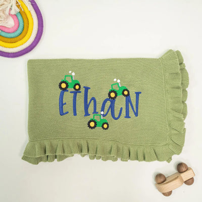 Personalized Tractor Embroidery Baby Boy Name Blanket