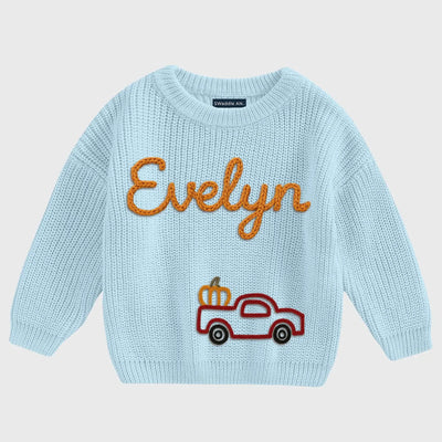 Personalized Tractor Pumpkin Hand Embroidery Baby Name Sweater