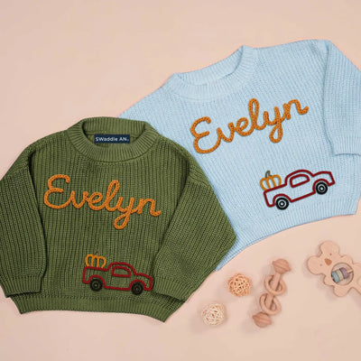 Personalized Tractor Pumpkin Hand Embroidery Baby Name Sweater