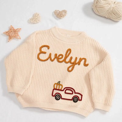 Personalized Tractor Pumpkin Hand Embroidery Baby Name Sweater