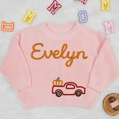 Personalized Tractor Pumpkin Hand Embroidery Baby Name Sweater