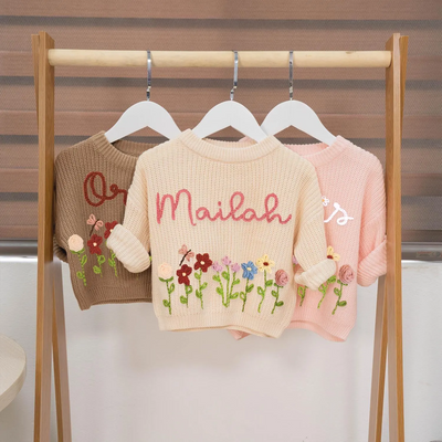 Pink Rose Pink Mocha Personalized Hand Embroidered Floral Baby Sweater