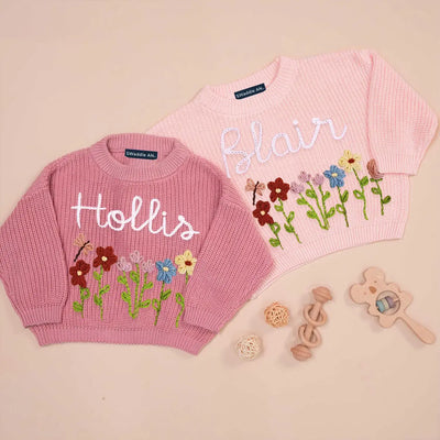 Pink Rose Pink Personalized Hand Embroidered Floral Baby Sweater