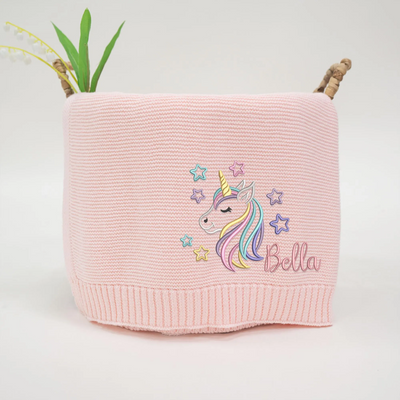 Pink Unicorn Baby Blanket , Embroidered Unicorn Baby Girl Blanket
