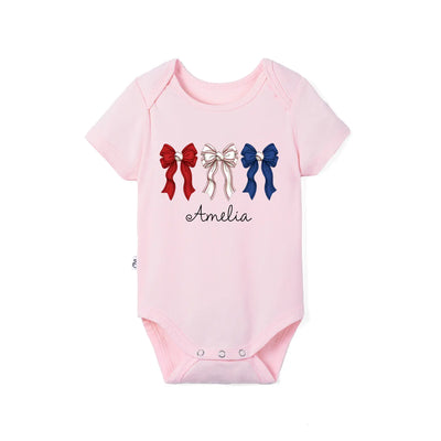 Printed Patriotic Baseball Bow Baby Onesie