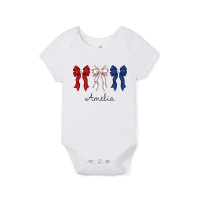 Printed Patriotic Baseball Bow Baby Onesie