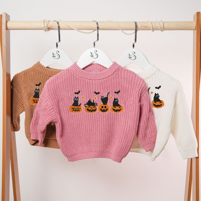 Embroidery Knit Baby Sweater | Halloween Black Cat and Pumpkin