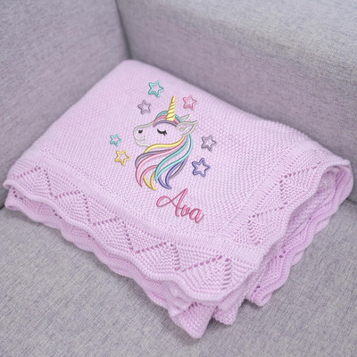 Purple Lilac Unicorn Baby Blanket , Embroidered Unicorn Baby Girl Blanket