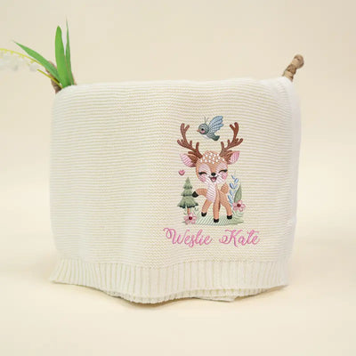 Reindeer Embroidery Baby Name Blanket