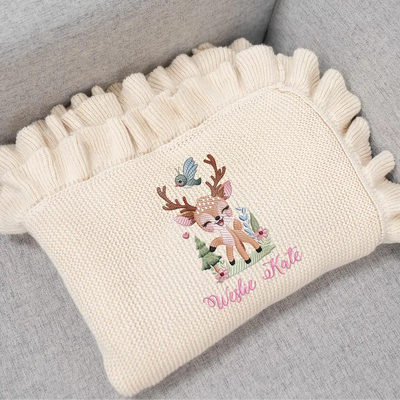 Reindeer Embroidery Baby Name Blanket