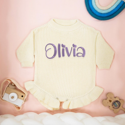 Ruffle Knit Baby Romper - Personalized Embroidery Name