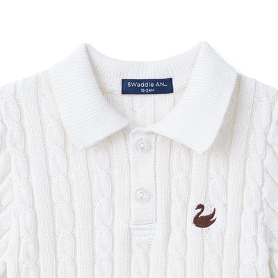 Cable Knit Polo Sweater in White