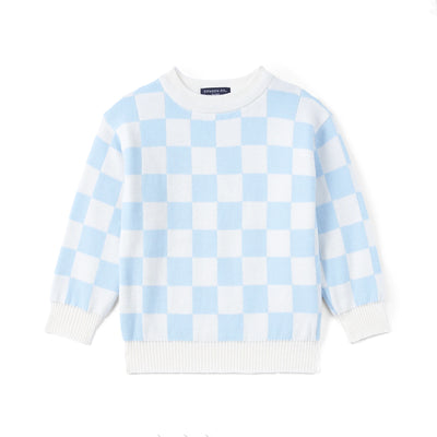 Blue Checker Knit Long Sleeve Crewneck Sweater