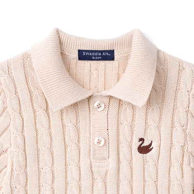 Cable Knit Polo Sweater in Beige