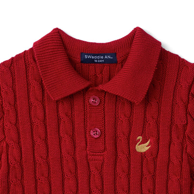 Cable Knit Polo Sweater in Red Xmas