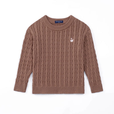 Brown cable knit sweater with a logo on a white background