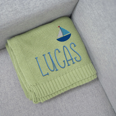 Sailboat Embroidered Baby Blanket in Sage Green