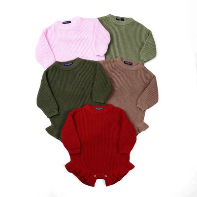 Ruffle Chunky Knit Baby Romper in Mocha