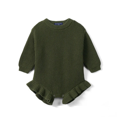 Ruffle Chunky Knit Baby Romper in Forest Green