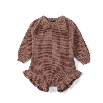 Ruffle Chunky Knit Baby Romper in Mocha