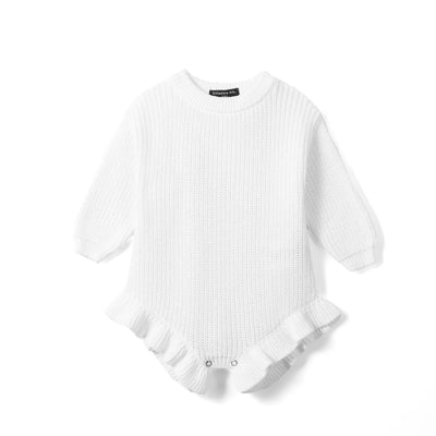 Ruffle Chunky Knit Baby Romper in White
