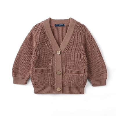 Brown knitted cardigan with buttons on a white background