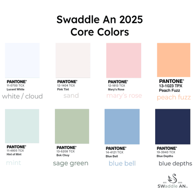 Color swatches of Swaddle An 2025 core colors with Pantone names and codes.