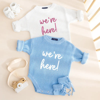 We’re Here Embroidered Knit Baby Romper