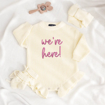 We’re Here Embroidered Knit Baby Romper