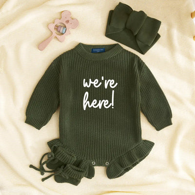 We’re Here Embroidered Knit Baby Romper