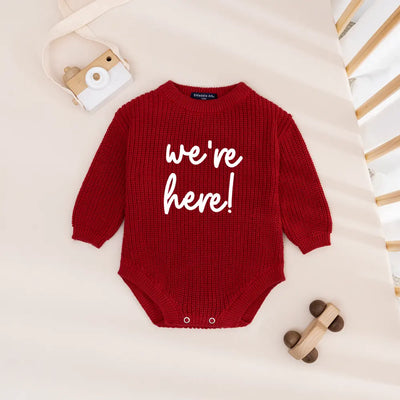 We’re Here Embroidered Knit Baby Romper