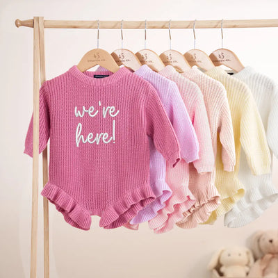 We’re Here Embroidered Knit Baby Romper