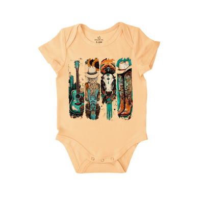 Western Cowgirl Baby Onesie, Cowprint Cowboy Boots Bodysuit in Peach Fuzz