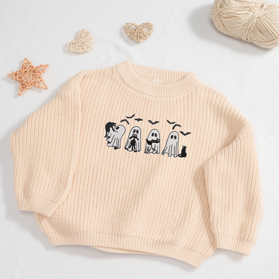 Embroidery Knit Baby Sweater | Halloween Ghost with Black Cat