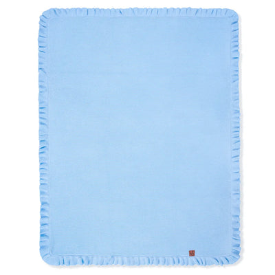 Light blue ruffled edge knitted baby blanket on a white background