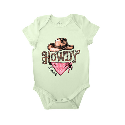 Custom 'Howdy' Bamboo Onesie, Cowgirl Baby Bodysuit SwaddleAn