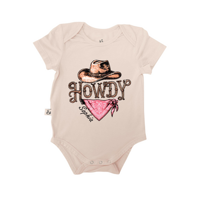 Custom 'Howdy' Bamboo Onesie, Cowgirl Baby Bodysuit SwaddleAn