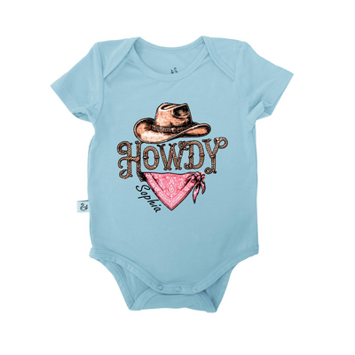 Custom 'Howdy' Bamboo Onesie, Cowgirl Baby Bodysuit SwaddleAn